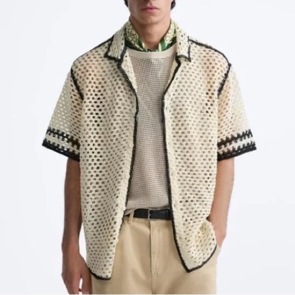 Zara Crochet Knit Stylish Button UP Men Shirt - Cream & Black